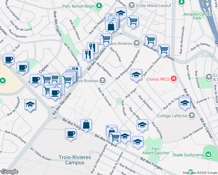 map of restaurants, bars, coffee shops, grocery stores, and more near 1135 Rue Marguerite Bourgeoys in Trois-Rivières