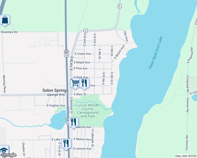 map of restaurants, bars, coffee shops, grocery stores, and more near 9306 East Park Avenue in Solon Springs