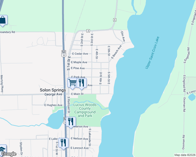 map of restaurants, bars, coffee shops, grocery stores, and more near 9306 East Park Avenue in Solon Springs