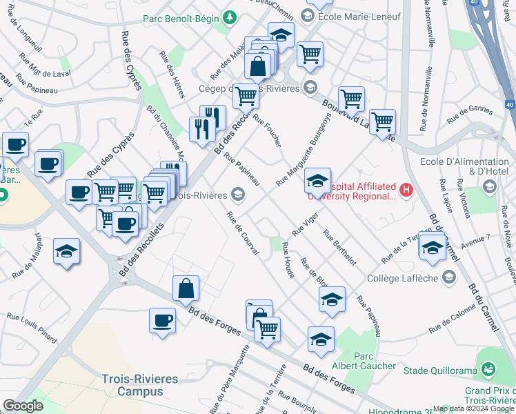 map of restaurants, bars, coffee shops, grocery stores, and more near 1115 Rue Marguerite Bourgeoys in Trois-Rivières