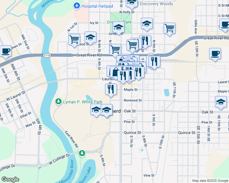 map of restaurants, bars, coffee shops, grocery stores, and more near 510 Maple Street in Brainerd