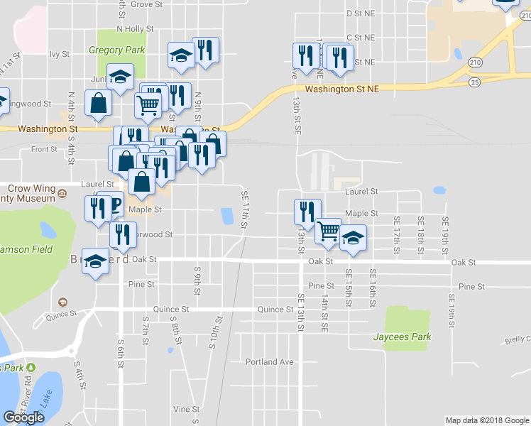 map of restaurants, bars, coffee shops, grocery stores, and more near 1101 Maple Street in Brainerd