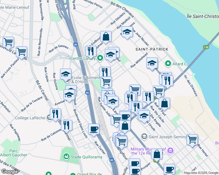 map of restaurants, bars, coffee shops, grocery stores, and more near 1652 Rue Saint François Xavier in Trois-Rivières