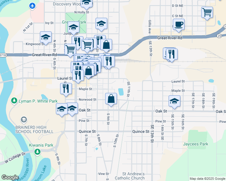 map of restaurants, bars, coffee shops, grocery stores, and more near 908 Maple Street in Brainerd