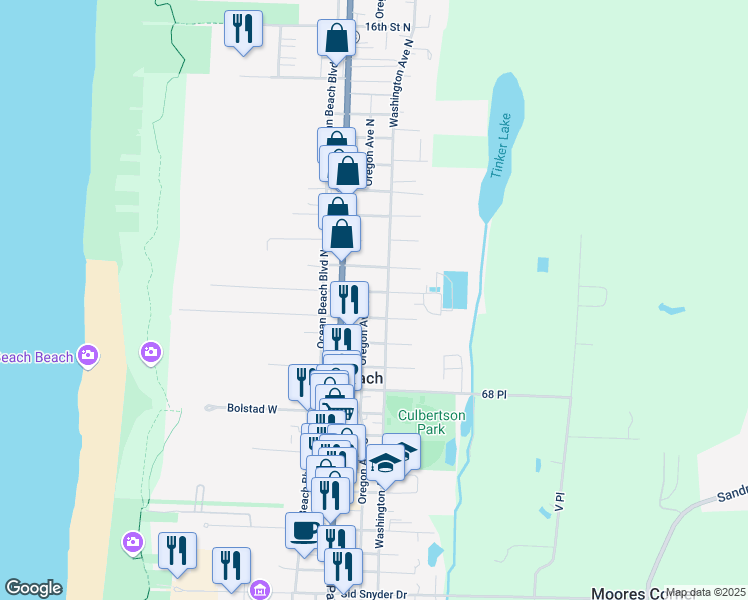 map of restaurants, bars, coffee shops, grocery stores, and more near 509 Washington Avenue North in Long Beach