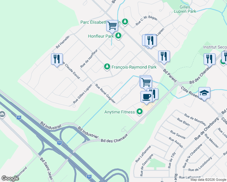 map of restaurants, bars, coffee shops, grocery stores, and more near 1585 Place Normand-Turcotte in Trois-Rivières