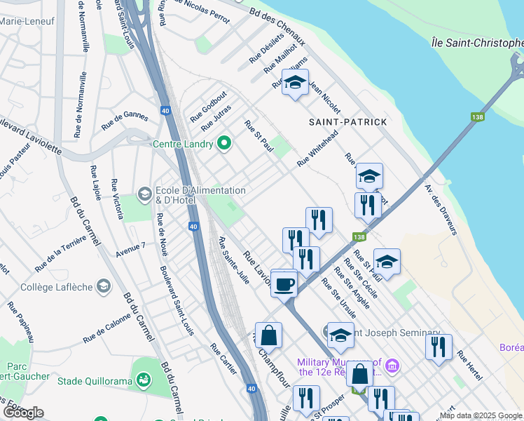 map of restaurants, bars, coffee shops, grocery stores, and more near 1650-1652 Rue Saint François Xavier in Trois-Rivières