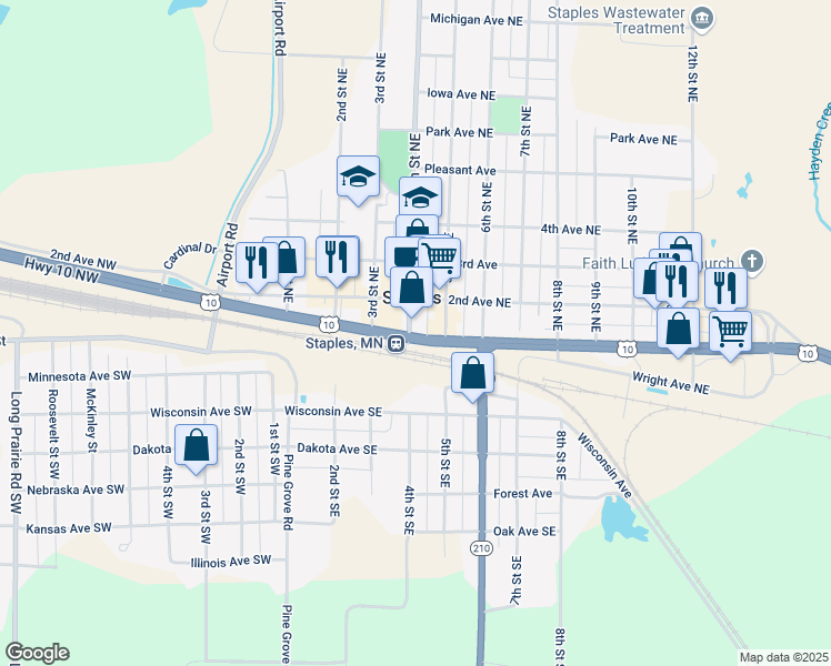 map of restaurants, bars, coffee shops, grocery stores, and more near 102 4th Street Northeast in Staples