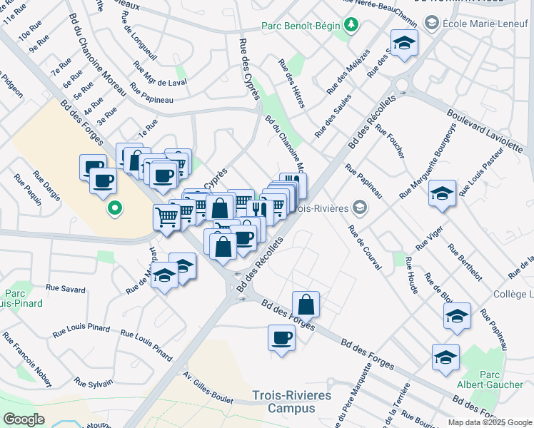 map of restaurants, bars, coffee shops, grocery stores, and more near 1310 Boulevard des Récollets in Trois-Rivières