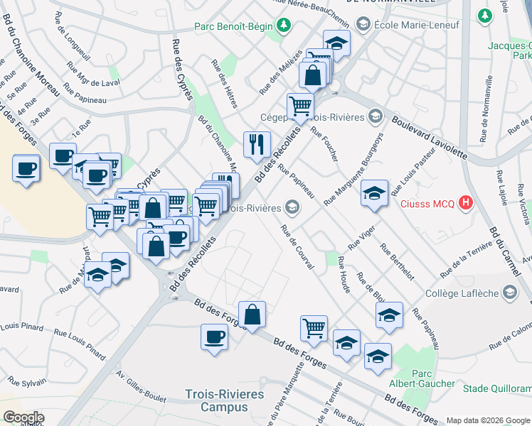 map of restaurants, bars, coffee shops, grocery stores, and more near 3525 Rue de Courval in Trois-Rivières