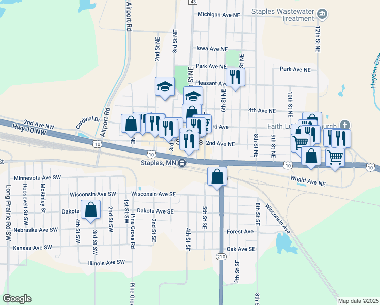 map of restaurants, bars, coffee shops, grocery stores, and more near 102 4th Street Northeast in Staples