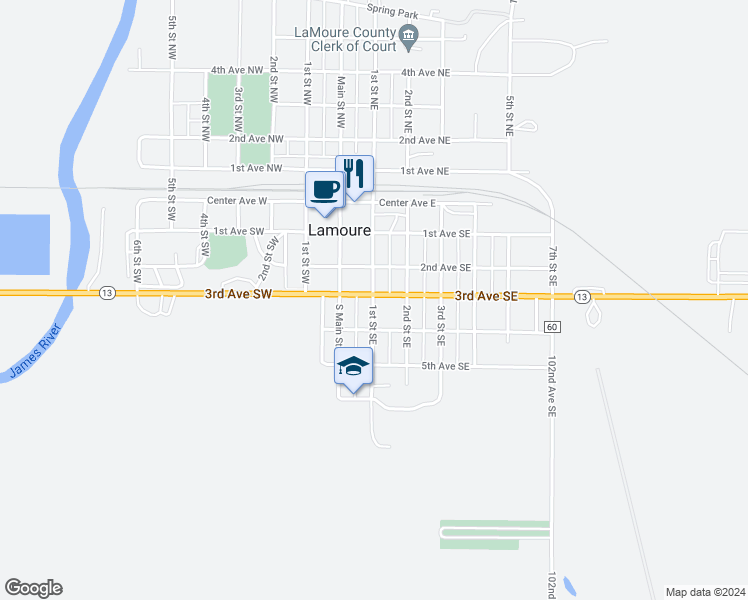 map of restaurants, bars, coffee shops, grocery stores, and more near 315 1st Street Southeast in LaMoure