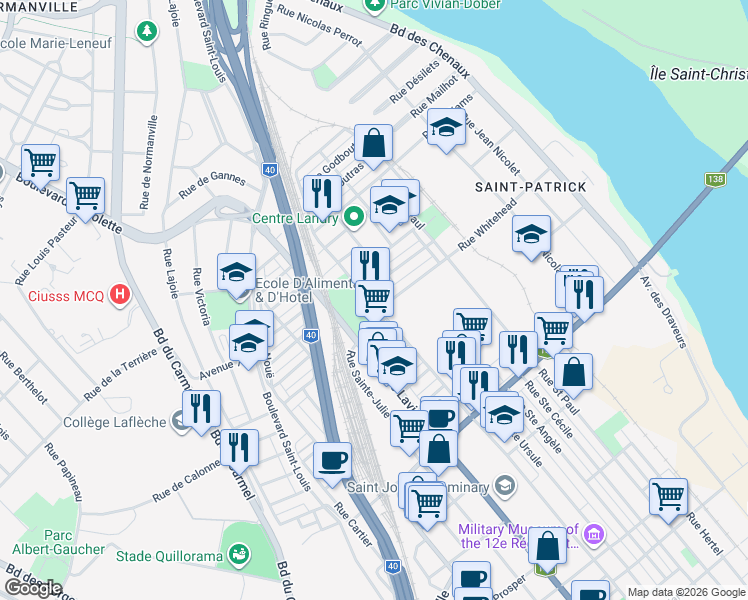 map of restaurants, bars, coffee shops, grocery stores, and more near 1704 Rue Saint François Xavier in Trois-Rivières