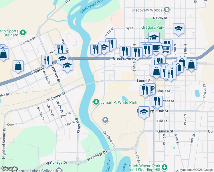 map of restaurants, bars, coffee shops, grocery stores, and more near 315 East River Road in Brainerd