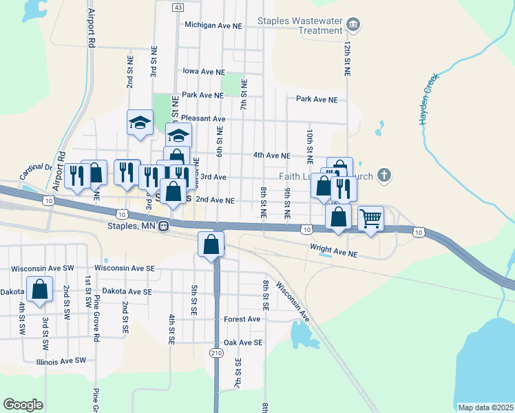 map of restaurants, bars, coffee shops, grocery stores, and more near 209 8th Street Southeast in Staples