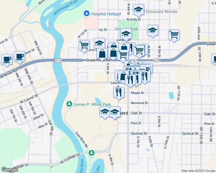 map of restaurants, bars, coffee shops, grocery stores, and more near 326 Laurel Street in Brainerd