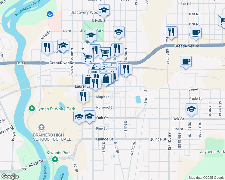 map of restaurants, bars, coffee shops, grocery stores, and more near 707 Laurel Street in Brainerd