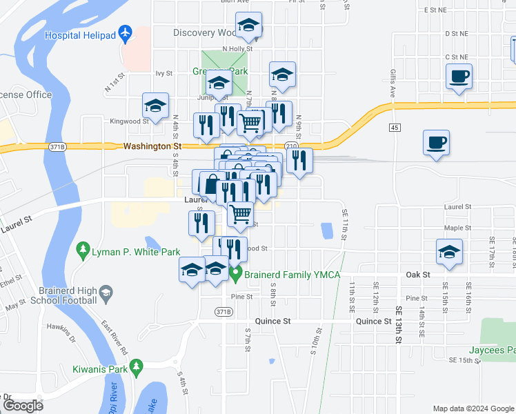 map of restaurants, bars, coffee shops, grocery stores, and more near 707 Laurel Street in Brainerd