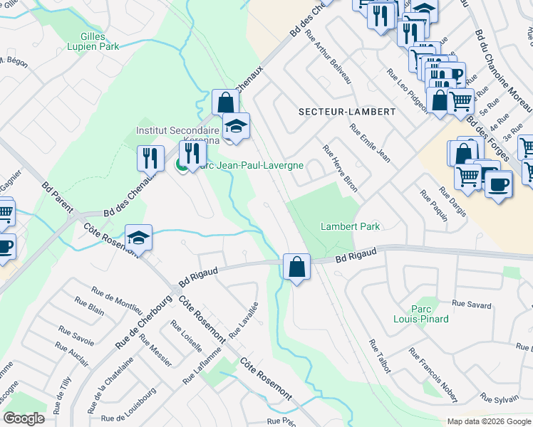 map of restaurants, bars, coffee shops, grocery stores, and more near 4705 Place de la Marquise in Trois-Riviã¨Res