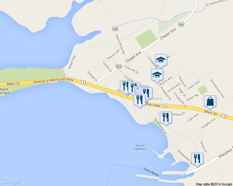map of restaurants, bars, coffee shops, grocery stores, and more near 6 Sterns Avenue in Souris