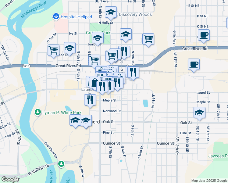 map of restaurants, bars, coffee shops, grocery stores, and more near 707 Laurel Street in Brainerd