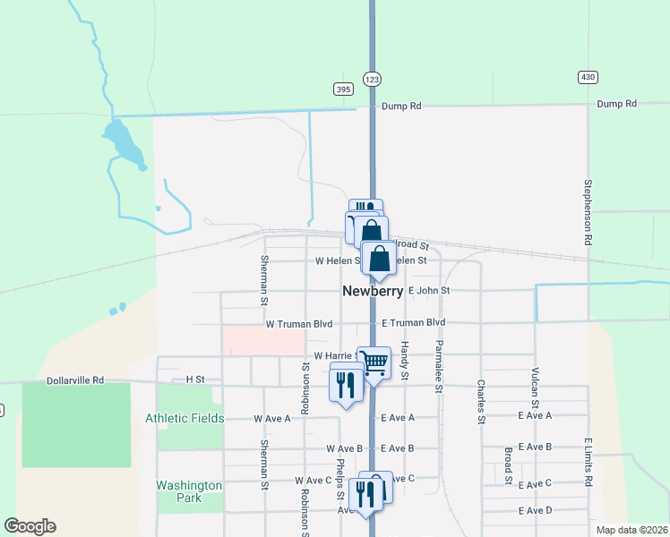 map of restaurants, bars, coffee shops, grocery stores, and more near 200-298 West Helen Street in Newberry