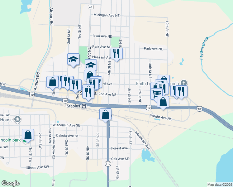 map of restaurants, bars, coffee shops, grocery stores, and more near 211 7th Street Southeast in Staples