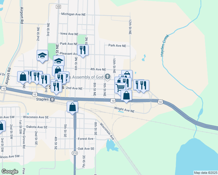 map of restaurants, bars, coffee shops, grocery stores, and more near 219 10th Street Northeast in Staples