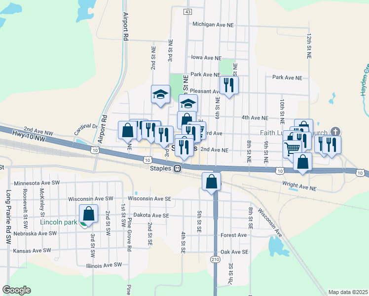 map of restaurants, bars, coffee shops, grocery stores, and more near in Staples