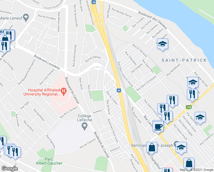 map of restaurants, bars, coffee shops, grocery stores, and more near 1980 Rue de Nouë in Trois-Rivières