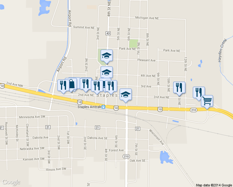 map of restaurants, bars, coffee shops, grocery stores, and more near in Staples