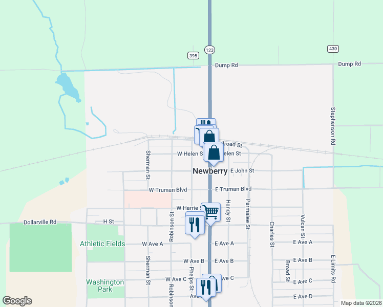 map of restaurants, bars, coffee shops, grocery stores, and more near 200 West Helen Street in Newberry