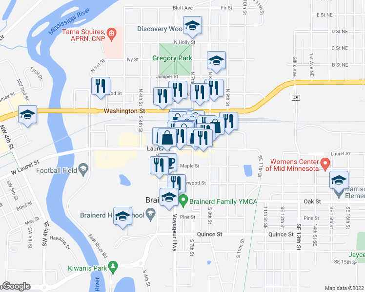 map of restaurants, bars, coffee shops, grocery stores, and more near 609 Laurel Street in Brainerd