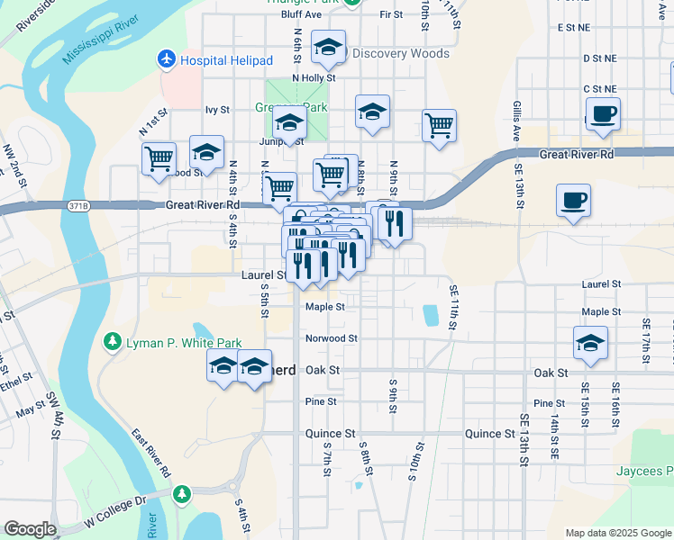 map of restaurants, bars, coffee shops, grocery stores, and more near 707 Laurel Street in Brainerd