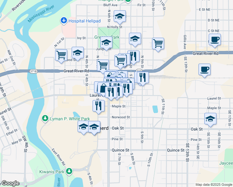 map of restaurants, bars, coffee shops, grocery stores, and more near 623 Laurel Street in Brainerd