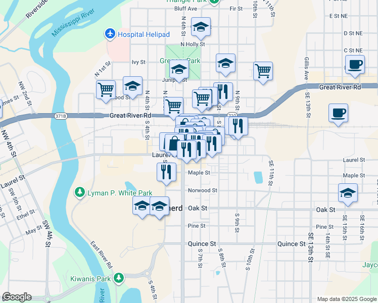 map of restaurants, bars, coffee shops, grocery stores, and more near 609 Laurel Street in Brainerd