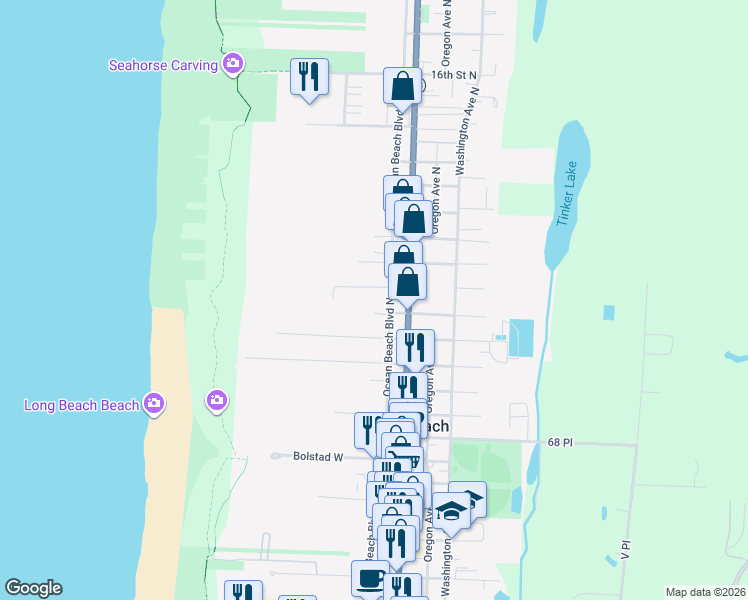 map of restaurants, bars, coffee shops, grocery stores, and more near 707 Ocean Beach Boulevard North in Long Beach