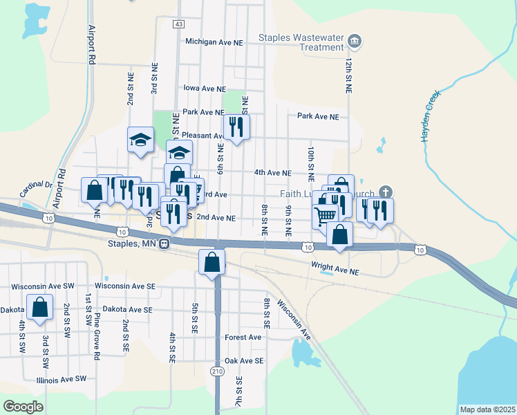 map of restaurants, bars, coffee shops, grocery stores, and more near 209 8th Street Southeast in Staples