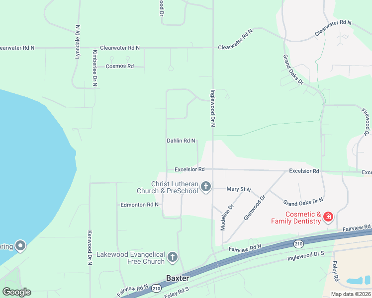 map of restaurants, bars, coffee shops, grocery stores, and more near 6395 Dahlin Road North in Baxter