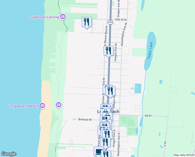 map of restaurants, bars, coffee shops, grocery stores, and more near 707 Ocean Beach Boulevard North in Long Beach