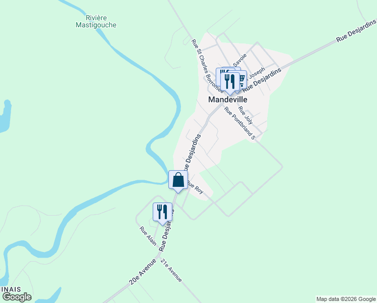 map of restaurants, bars, coffee shops, grocery stores, and more near 107 Rue Desjardins in Mandeville