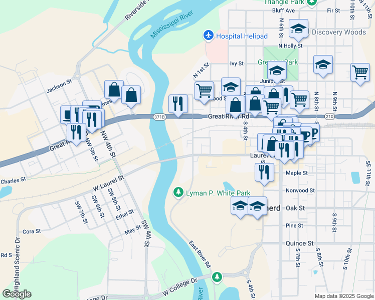 map of restaurants, bars, coffee shops, grocery stores, and more near 23 Laurel Street in Brainerd