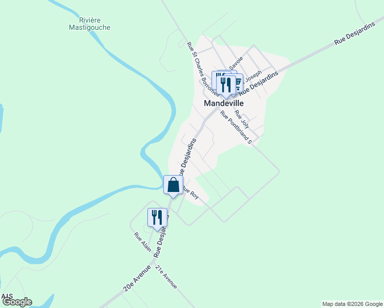 map of restaurants, bars, coffee shops, grocery stores, and more near 120 Rue Desjardins in Mandeville