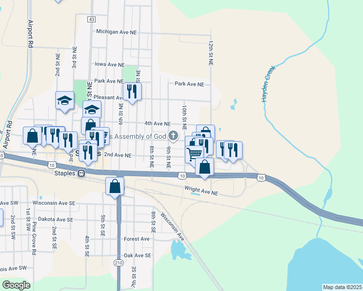 map of restaurants, bars, coffee shops, grocery stores, and more near 219 10th Street Northeast in Staples