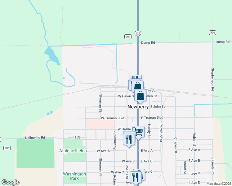 map of restaurants, bars, coffee shops, grocery stores, and more near 300-324 West Helen Street in Newberry