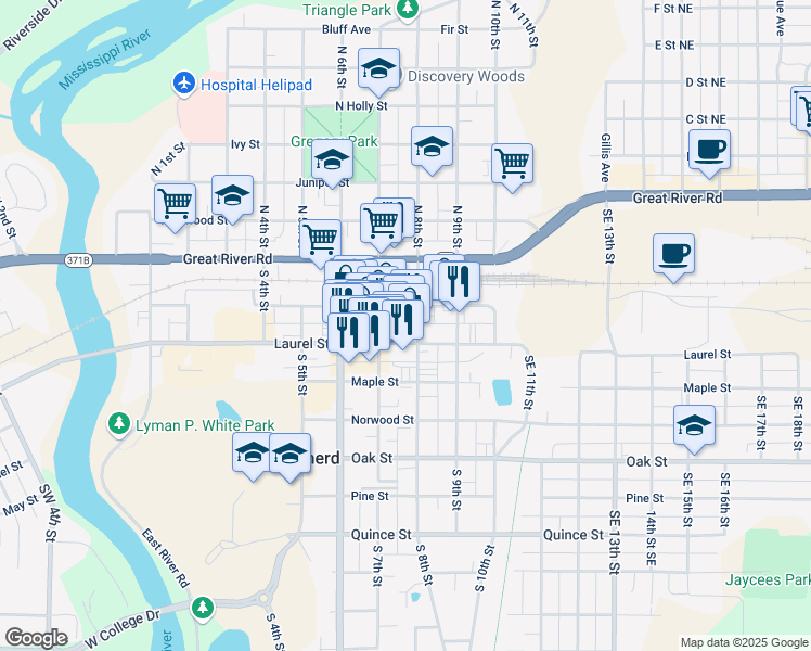 map of restaurants, bars, coffee shops, grocery stores, and more near 707 Laurel Street in Brainerd