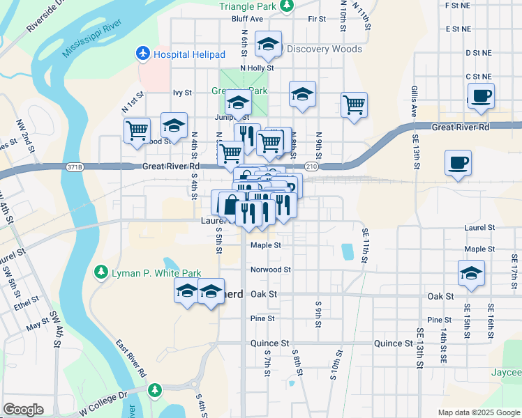 map of restaurants, bars, coffee shops, grocery stores, and more near 609 Laurel Street in Brainerd