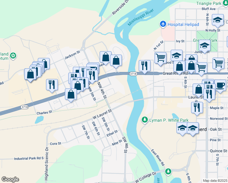 map of restaurants, bars, coffee shops, grocery stores, and more near 220 Northwest 3rd Street in Brainerd