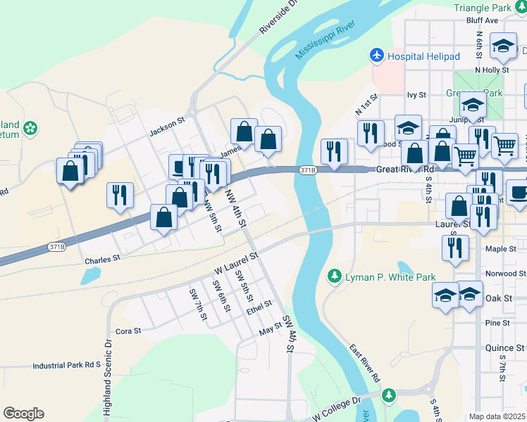 map of restaurants, bars, coffee shops, grocery stores, and more near 220 Northwest 3rd Street in Brainerd
