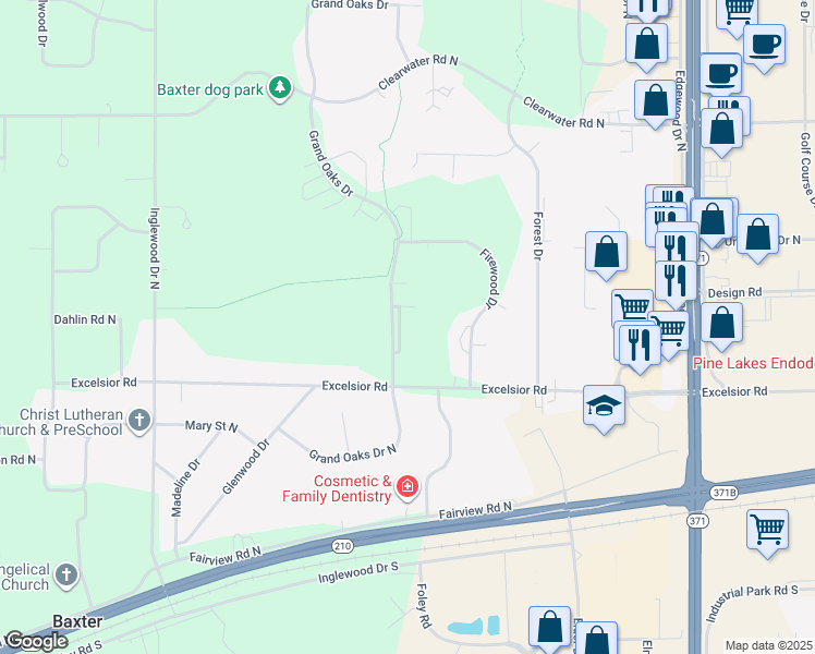 map of restaurants, bars, coffee shops, grocery stores, and more near 14080 Grand Oaks Drive in Baxter